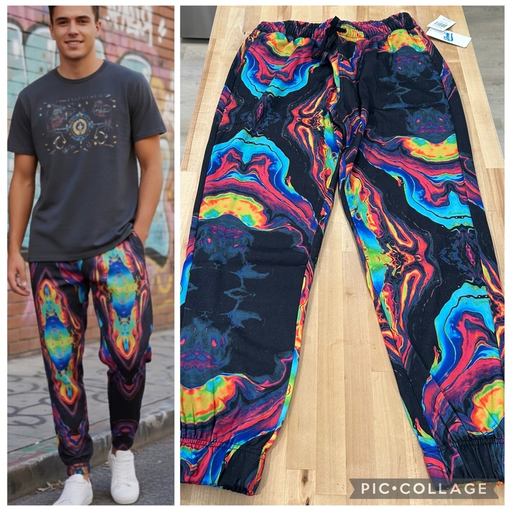 New! Fresh Prints of Bel Aire Multi Psychedelic Cuffed Jogger Pants Men’s Large